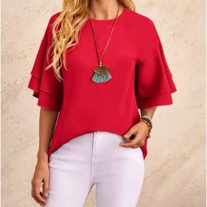 Red blouse with layers sleeves and keyhole back NEW